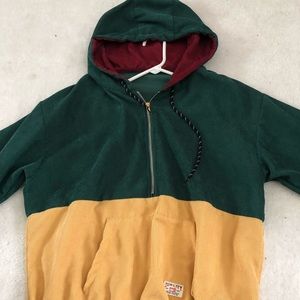 Corduroy jacket with hoodie, half zipper up.